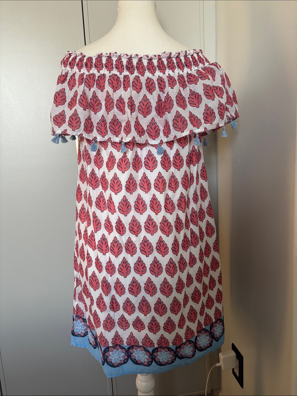 Hatley White Dress with Pink Leaf Print and Blue Tassel Trim - Picture 3 of 7